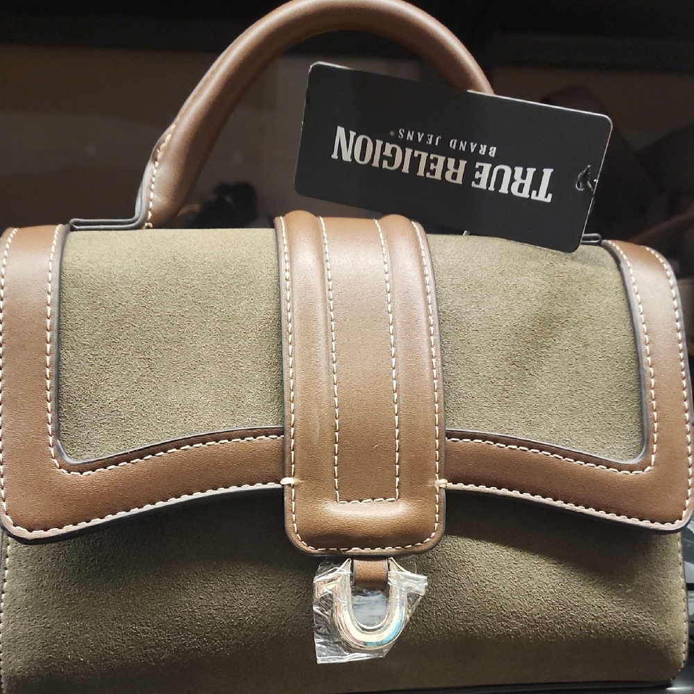 True Religion Green and Brown Satchel with Leather Trim